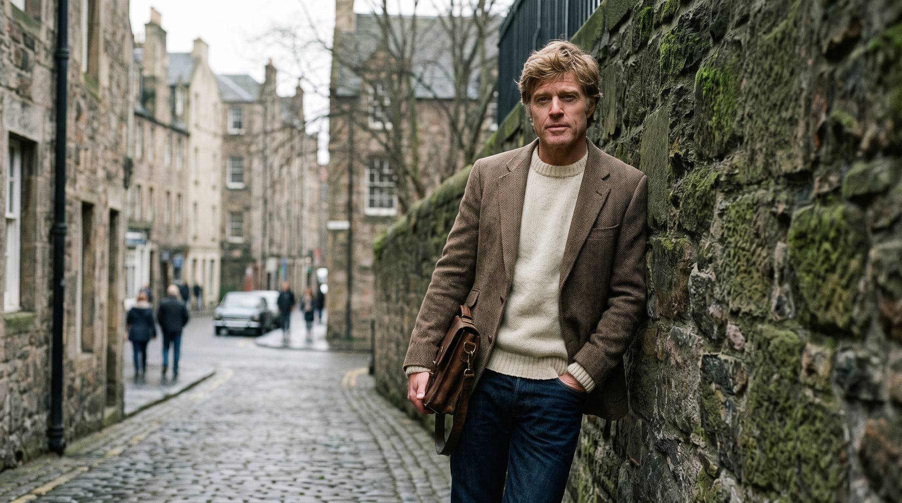 Tweed jacket worn with denim and a cream knit, against a stone wall