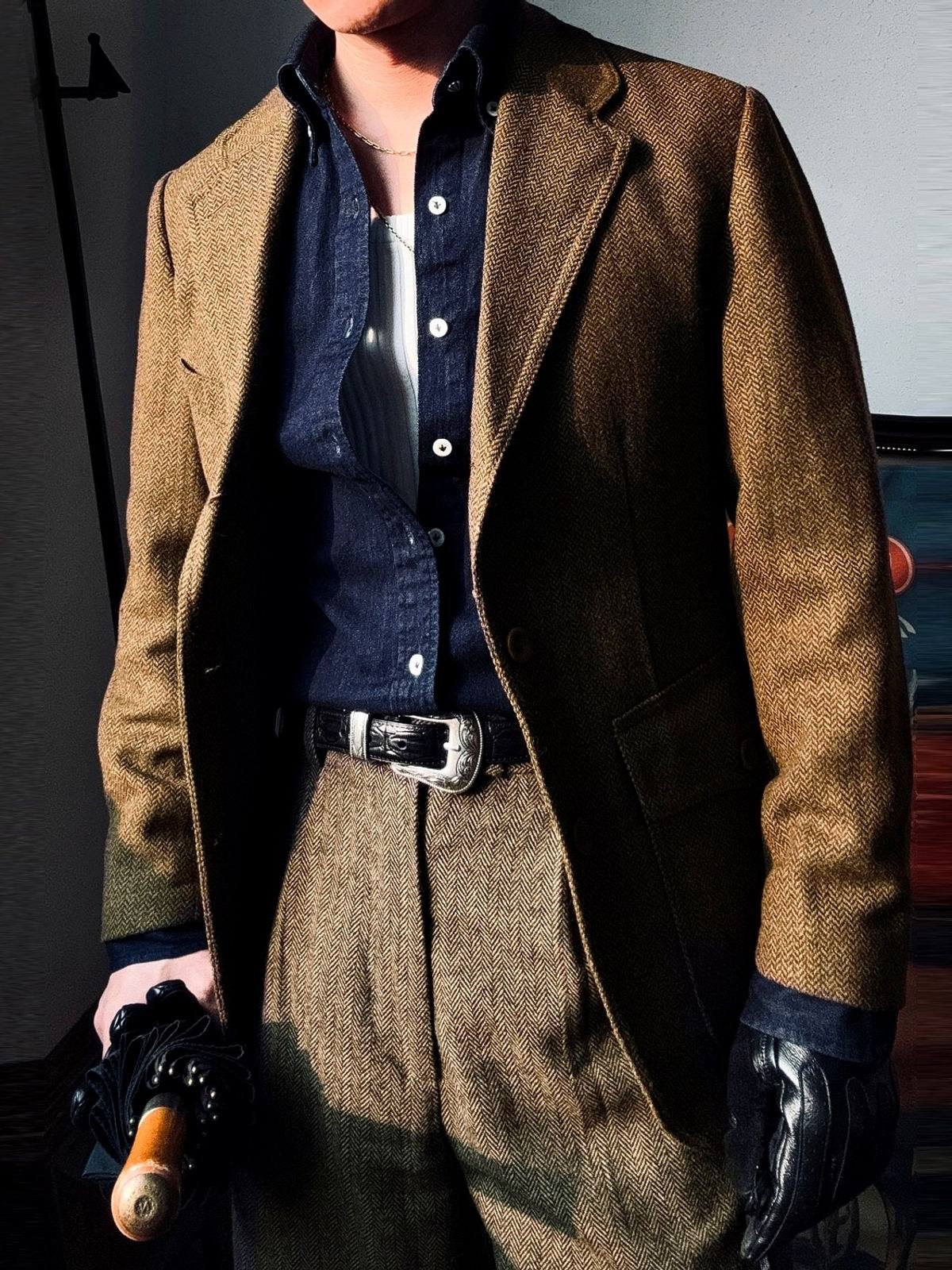 Brown herringbone tweed suit